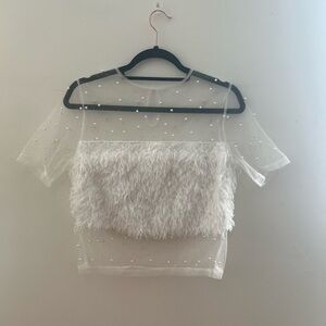 Chic Sheer White Crop Top with Faux Fur Accent